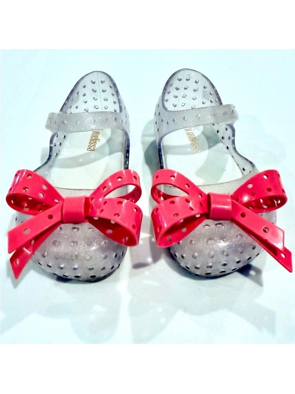 Mini Melissa Furadinha XI Sandals Girls 6 Clear Glitter Jelly Shoes Pink Bow
